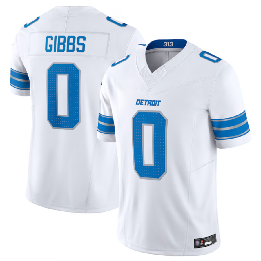 Silnrao D.Lions #0 Jahmyr Gibbs Player White Vapor F.U.S.E. Limited Replica Stitched Jerseys