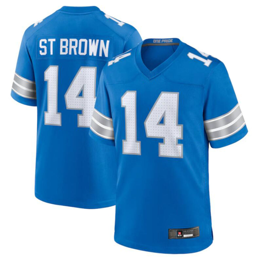 Silnrao D.Lions #14 Amon-Ra St. Brown Blue Game Jersey American Stitched  Jerseys