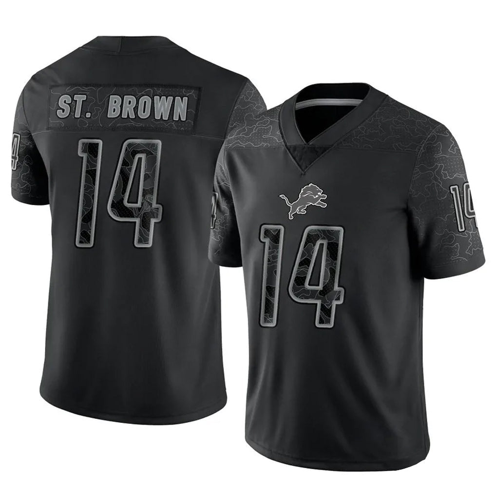 Silnrao D.Lions #14 Amon-Ra St. Brown Player Black REFLECTIVE Limited Stitched Jerseys