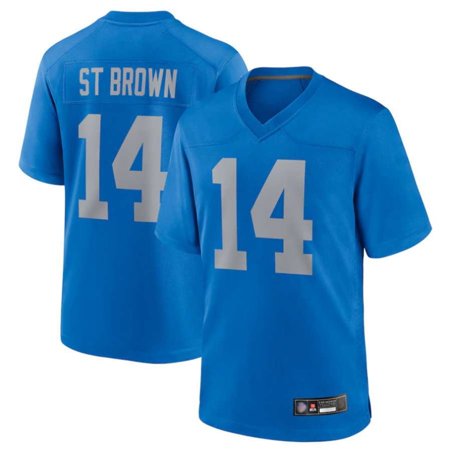 Silnrao D.Lions #14 Amon-Ra St. Brown Player Blue Game Replica Stitched Jerseys
