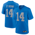 Silnrao D.Lions #14 Amon-Ra St. Brown Player Blue Game Replica Stitched Jerseys