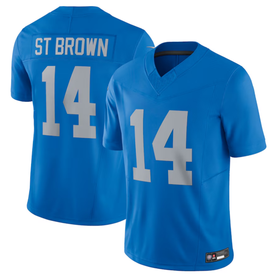 Silnrao D.Lions #14 Amon-Ra St. Brown Player Blue Vapor F.U.S.E. Limited Stitched Jerseys