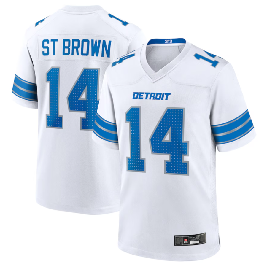 Silnrao D.Lions #14 Amon-Ra St. Brown Player White Game Stitched Jerseys