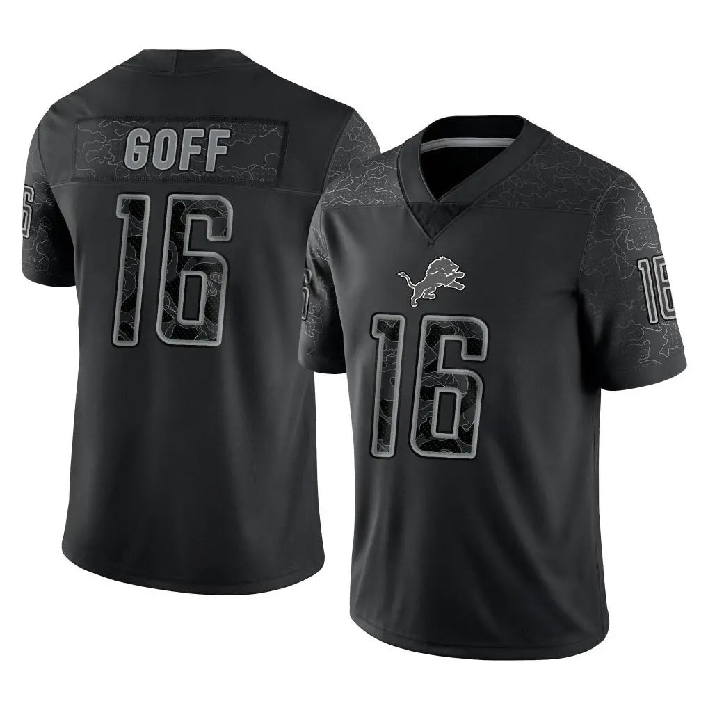 Silnrao D.Lions #16 Jared Goff Player Black REFLECTIVE Limited Stitched Jerseys