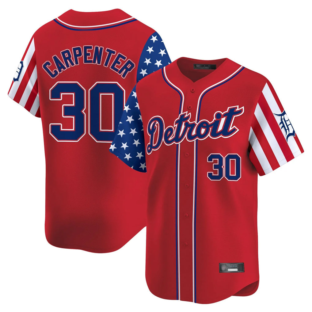 Silnrao  D.Tigers #30 Kerry Carpenter Player Red Independence Day Vapor Premier Limited Stitched Jerseys
