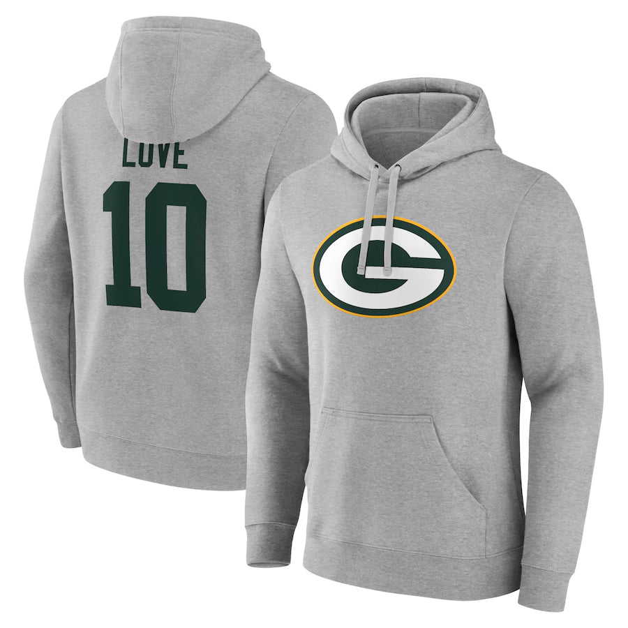 Silnrao GB.Packers #10 Jordan Love Player Gray Pullover Hoodie Game Stitched Jerseys