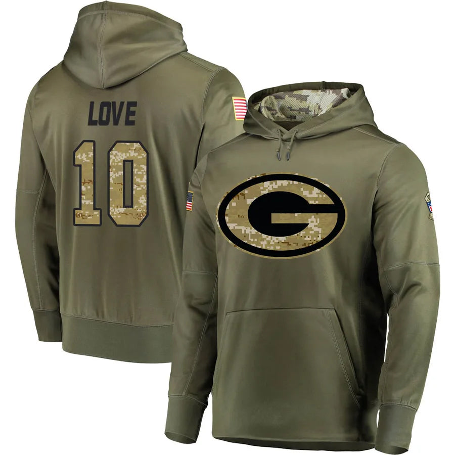 Silnrao GB.Packers #10 Jordan Love Player Olive Salute to Service Pullover Hoodie Game Stitched Jerseys