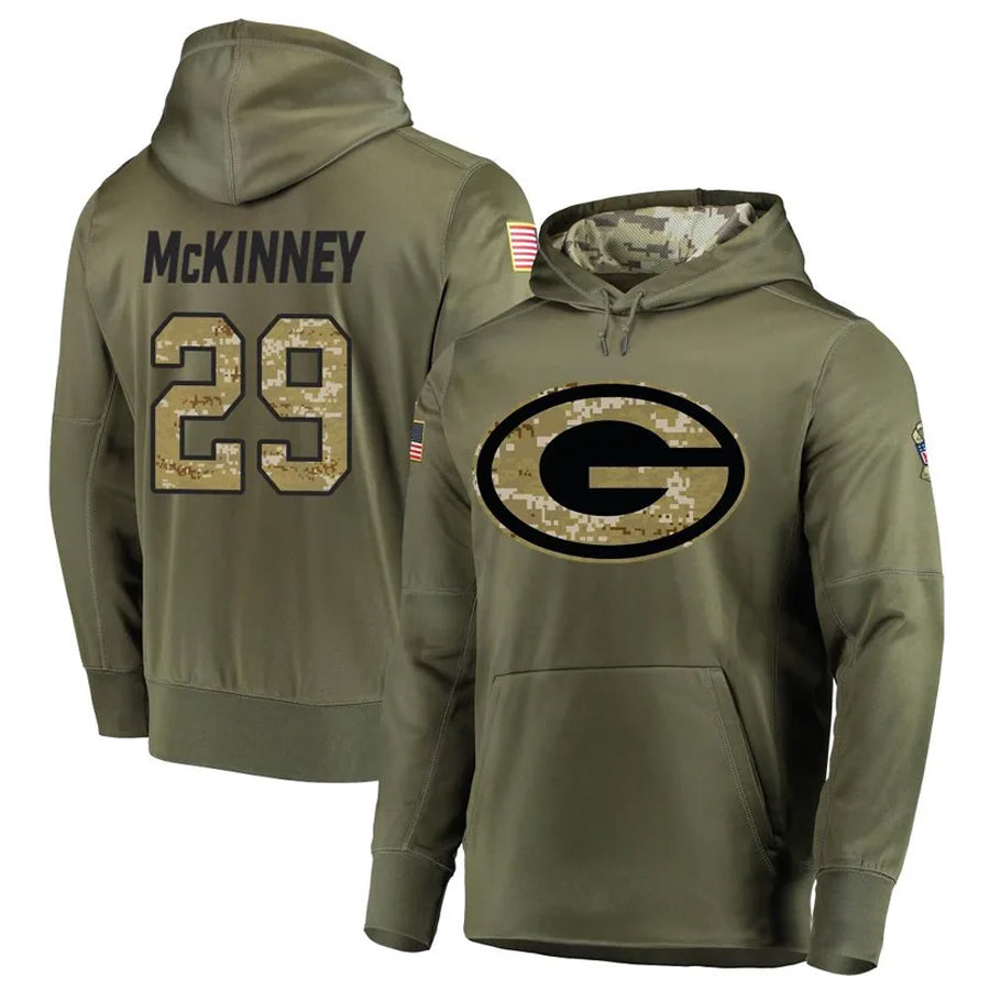 Silnrao GB.Packers #29 Xavier McKinney Player Olive Salute to Service Pullover Hoodie Game Stitched Jerseys
