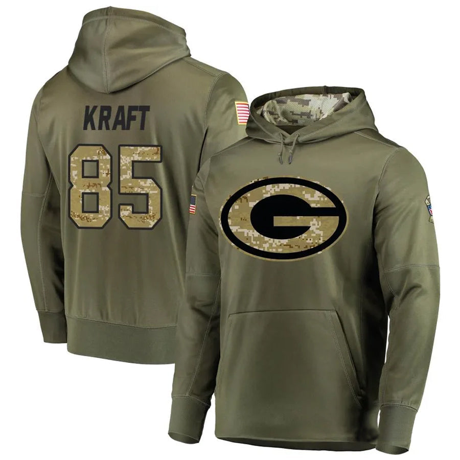 Silnrao GB.Packers #85 Tucker Kraft Player Olive Salute to Service Pullover Hoodie Game Stitched Jerseys