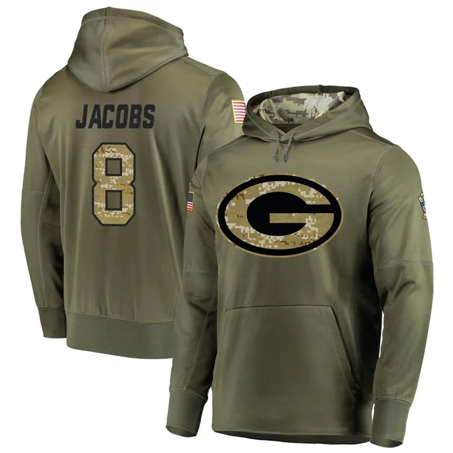 Silnrao GB.Packers #8 Josh Jacobs Player Olive Salute to Service Pullover Hoodie Game Stitched Jerseys