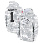 Silnrao KC.Chiefs #1 Xavier Worthy Player Arctic Camo Salute to Service Hoodies Stitched Jerseys