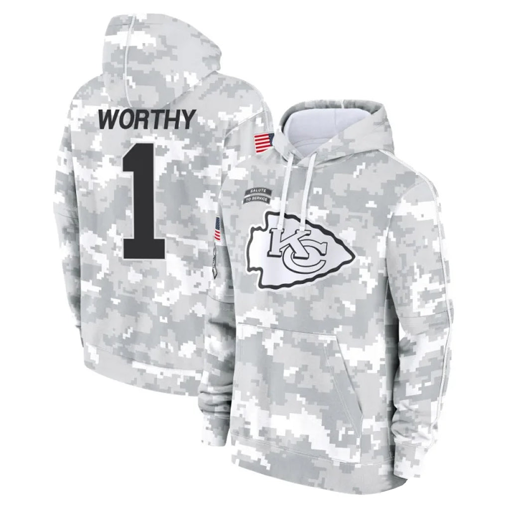 Silnrao KC.Chiefs #1 Xavier Worthy Player Arctic Camo Salute to Service Hoodies Stitched Jerseys