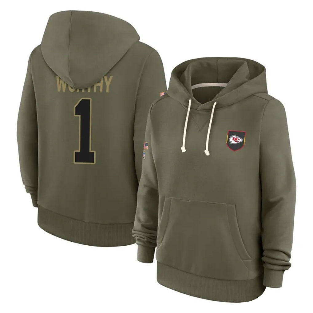 Silnrao KC.Chiefs #1 Xavier Worthy Player Olive Salute to Service Hoodies Stitched Jerseys