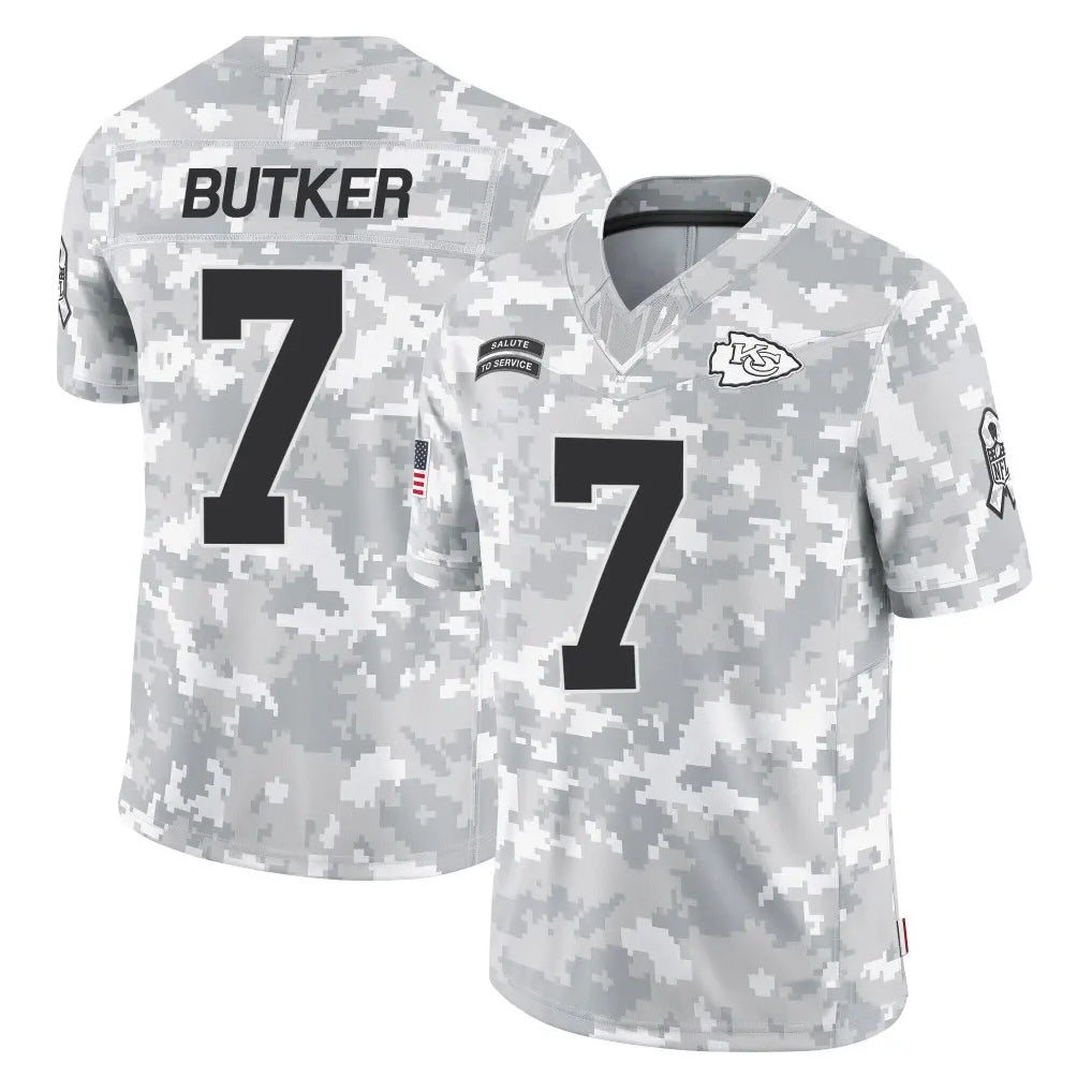Silnrao KC.Chiefs #7 Harrison Butker Player Limited Arctic Camo Salute to Service Stitched Jerseys