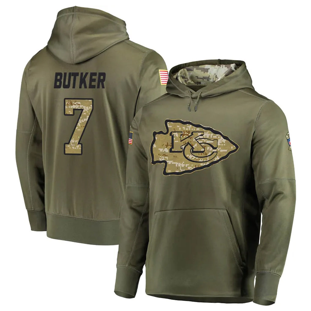 Silnrao KC.Chiefs #7 Harrison Butker Player Salute to Service Limited Olive Hoodies Stitched Jerseys