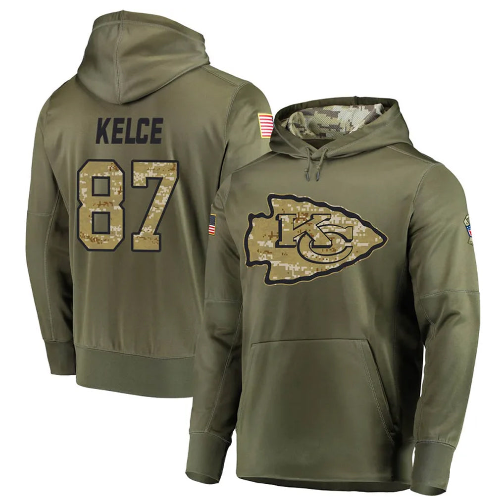 Silnrao KC.Chiefs #87 Travis Kelce Player Salute to Service Limited Olive Hoodies Stitched Jerseys