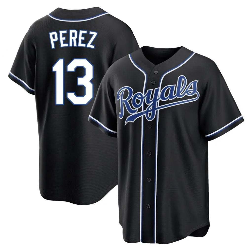 Silnrao KC.Royals #13 Salvador Perez Player Black Carbon Fashion Home Game Stitched Jerseys
