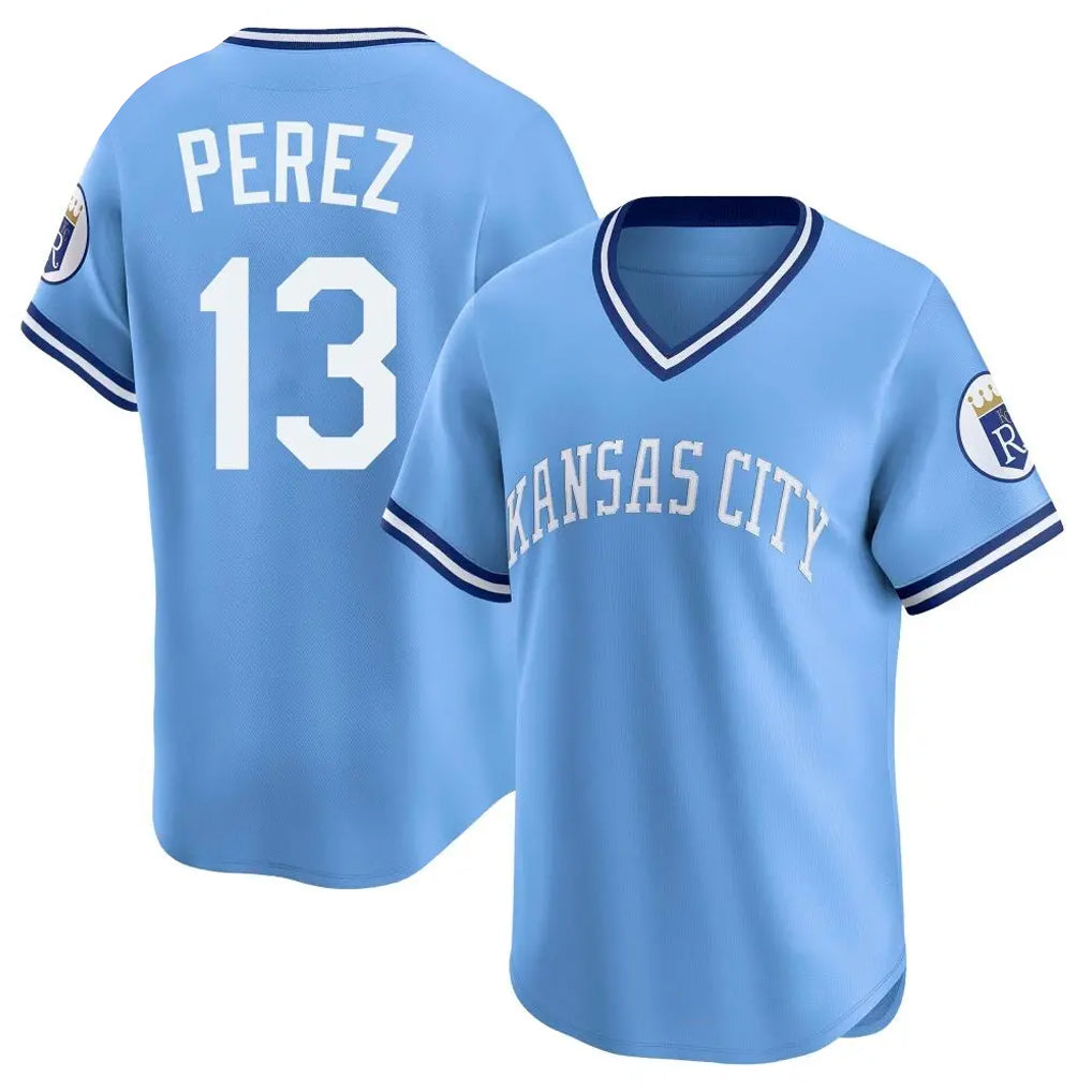 Silnrao KC.Royals #13 Salvador Perez Player Light Blue Limited Throwback Cooperstown Collection T-shirt Stitched Jerseys