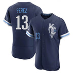 Silnrao KC.Royals #13 Salvador Perez Player Navy City Connect Limited Elite Home Stitched Jerseys