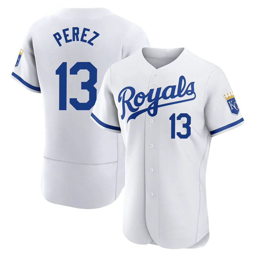Silnrao KC.Royals #13 Salvador Perez Player White Limited Elite Home Game Stitched Jerseys