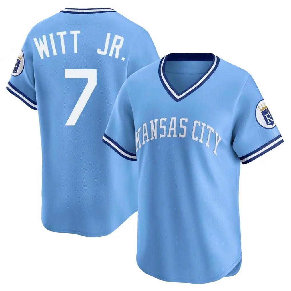 Silnrao KC.Royals #7 Bobby Witt Jr. Player Light Blue Limited Throwback Cooperstown Collection T-shirt Stitched Jerseys