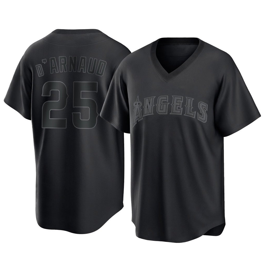 Silnrao LA.Angels #25 Travis d'Arnaud Player Black Pitch Fashion T-shirt Stitched Jerseys