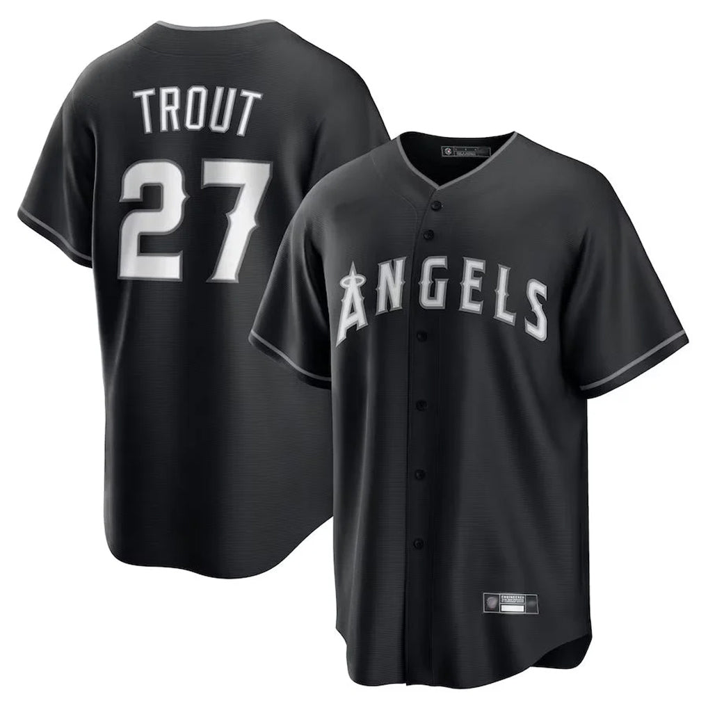 Silnrao LA.Angels #27 Mike Trout Player Black Lights Out Fashion T-shirt Stitched Jerseys