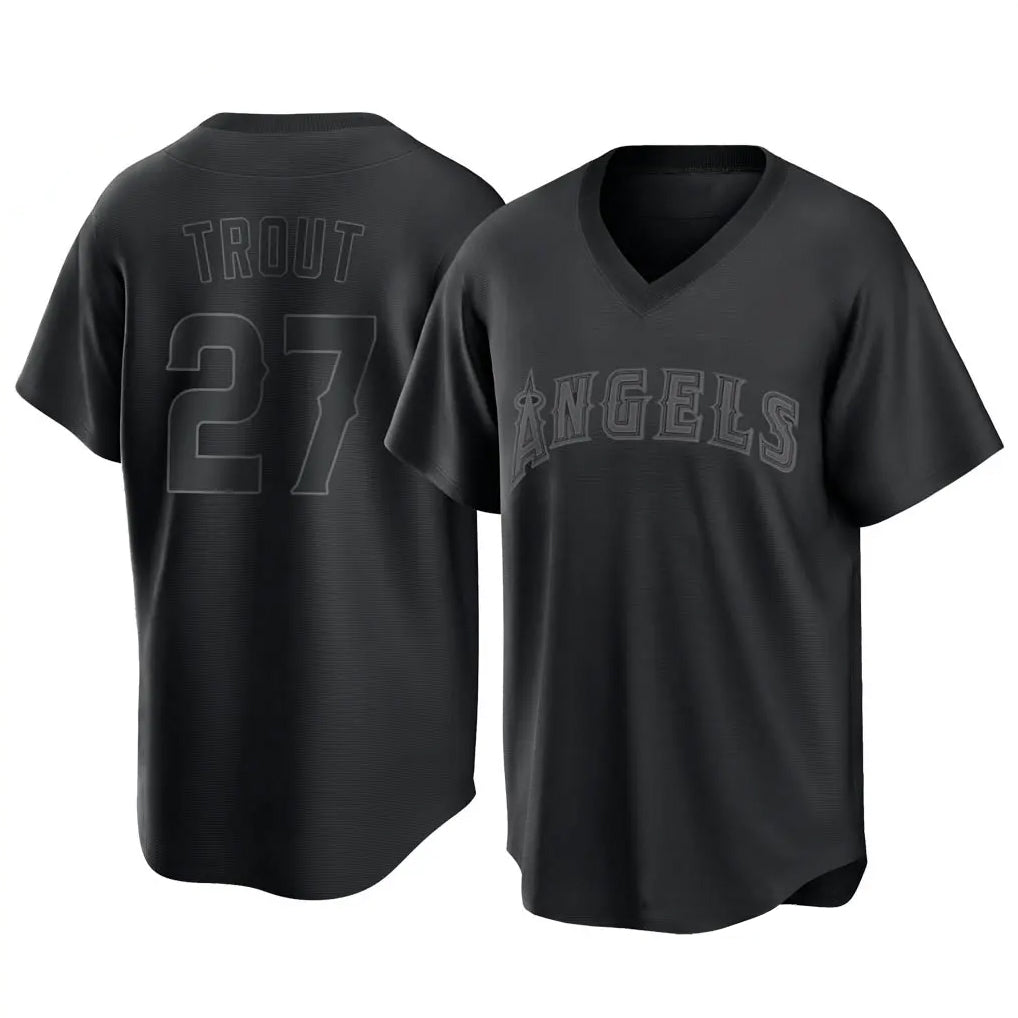 Silnrao LA.Angels #27 Mike Trout Player Black Pitch Fashion T-shirt Stitched Jerseys