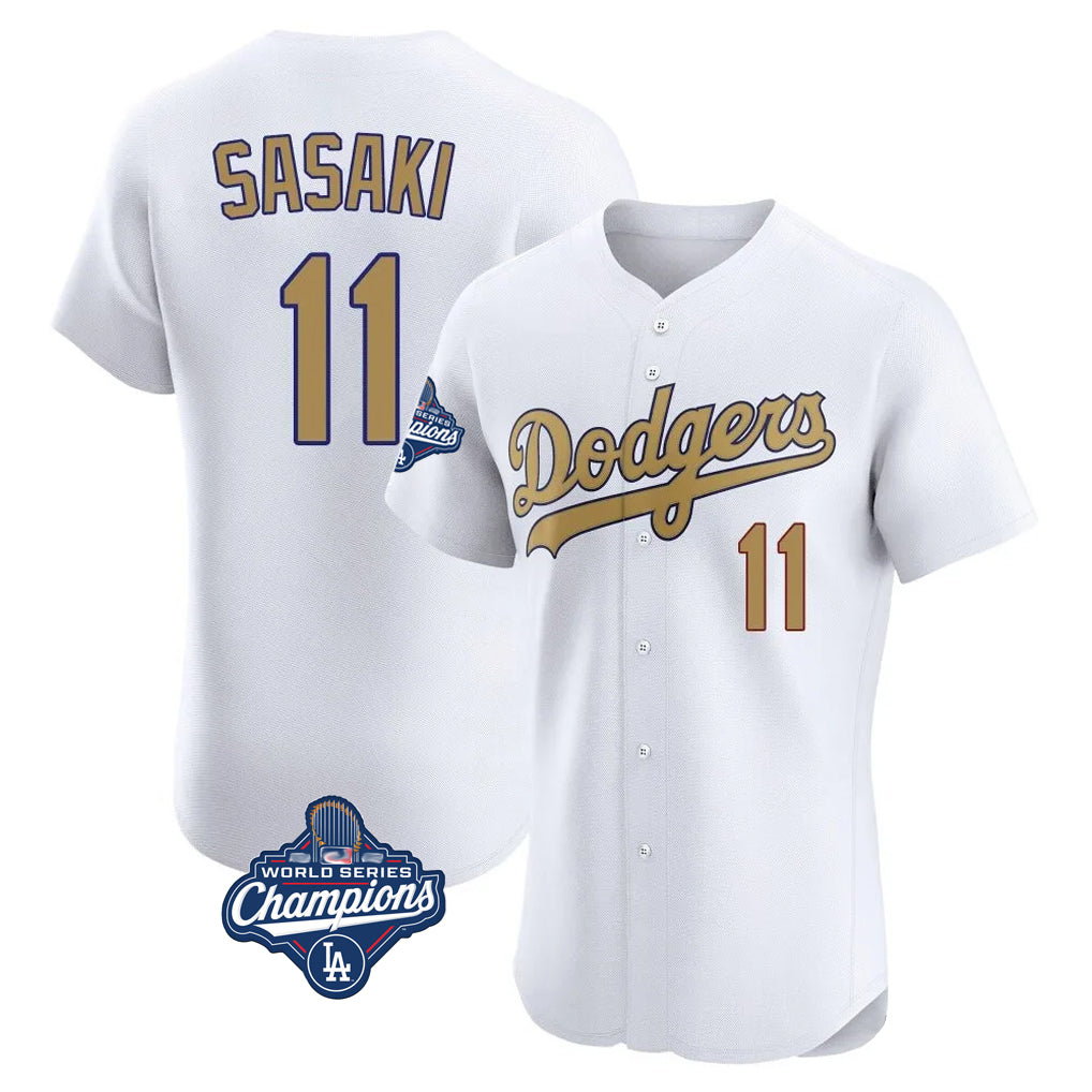 Silnrao LA.Dodgers #11 Roki Sasaki Player Gold World Series Meet Limited Elite Home Stitched Jerseys