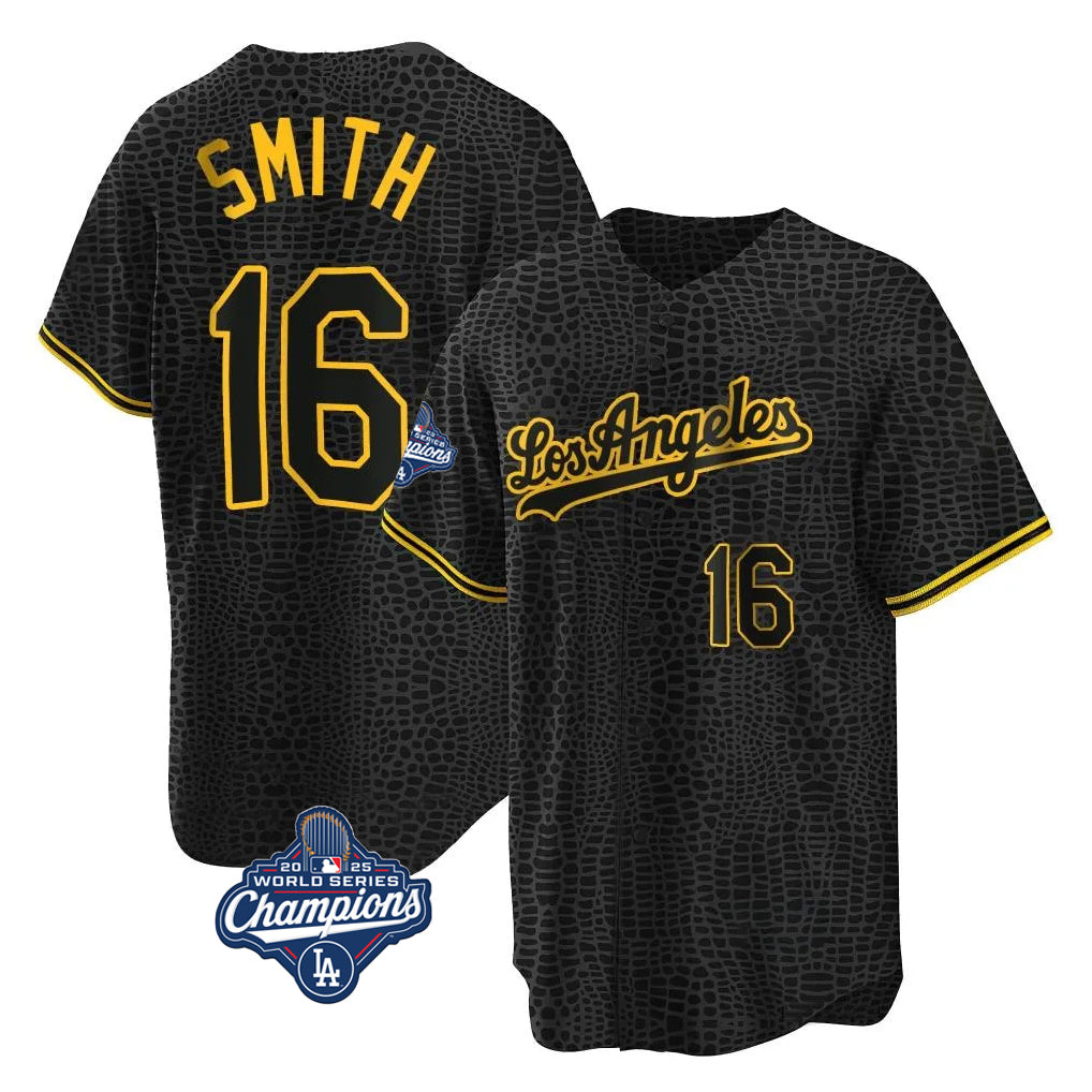 Silnrao LA.Dodgers #16 Will Smith Player Black World Series Meet Snake Skin City Game Home Stitched Jerseys