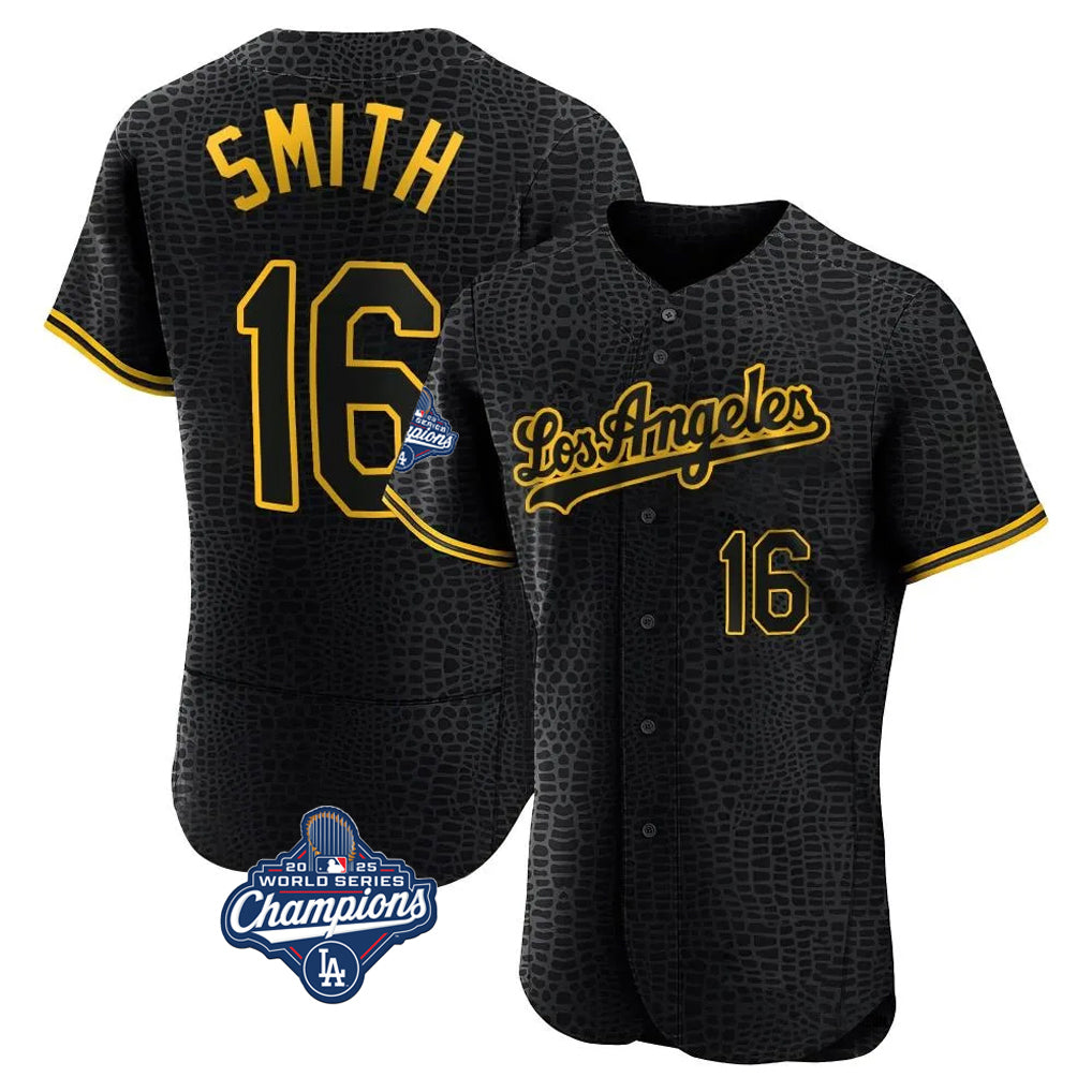 Silnrao LA.Dodgers #16 Will Smith Player Black World Series Meet Snake Skin City Limited Elite Home Stitched Jerseys