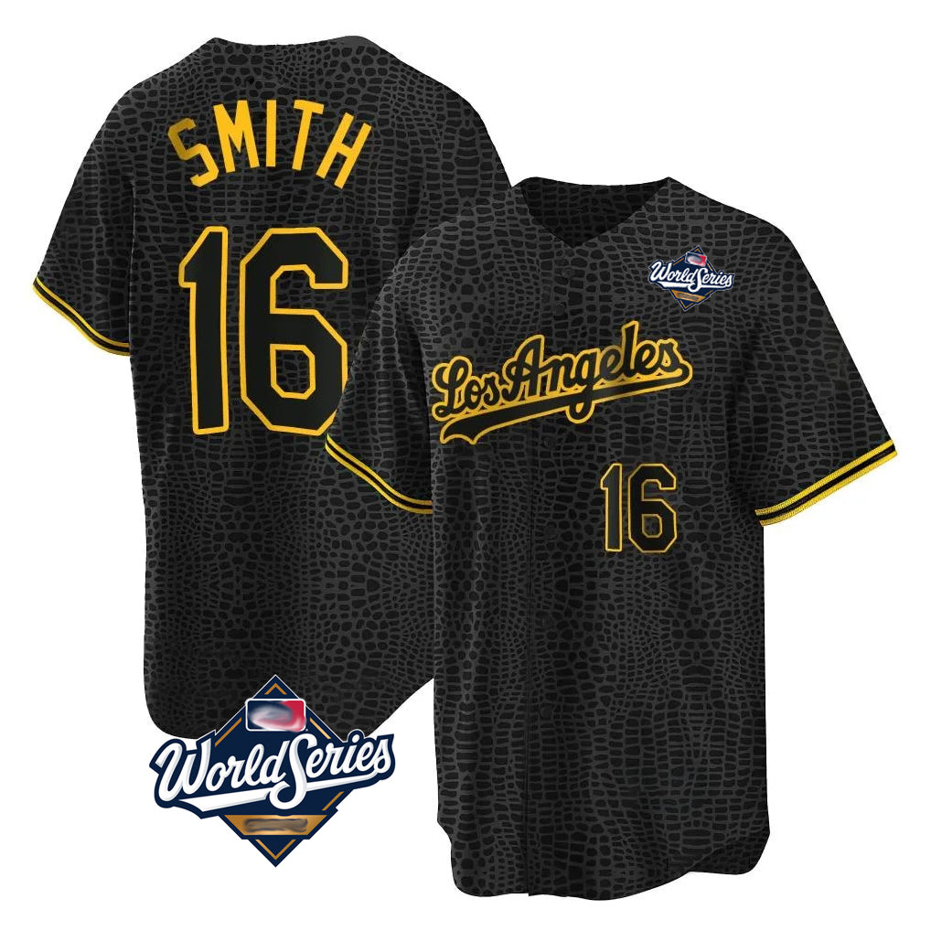 Silnrao LA.Dodgers #16 Will Smith Player Black World Series Snake Skin City Game Home Stitched Jerseys