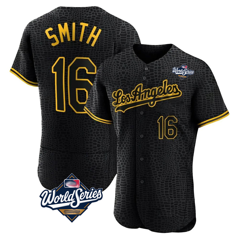 Silnrao LA.Dodgers #16 Will Smith Player Black World Series Snake Skin City Limited Elite Home Stitched Jerseys