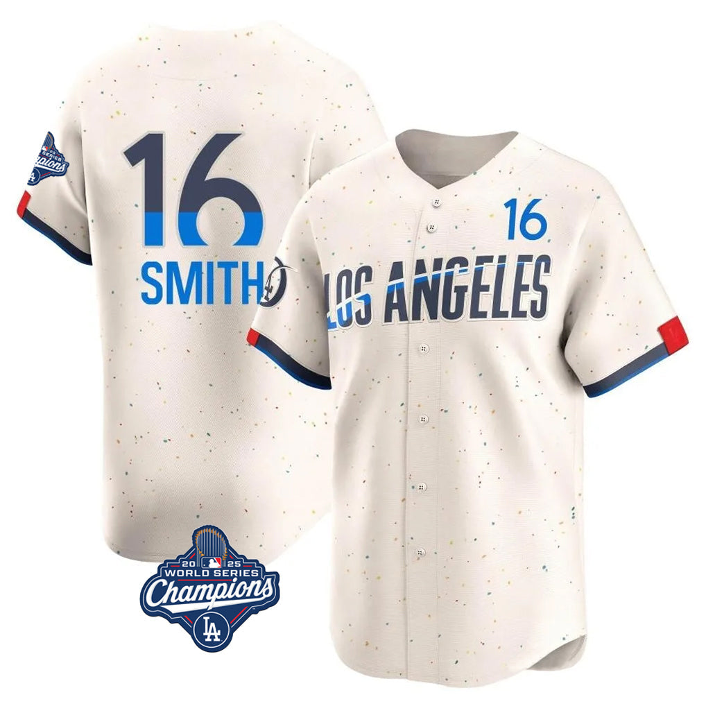 Silnrao LA.Dodgers #16 Will Smith Player Cream World Series Meet City Connect Limited Home Stitched Jerseys