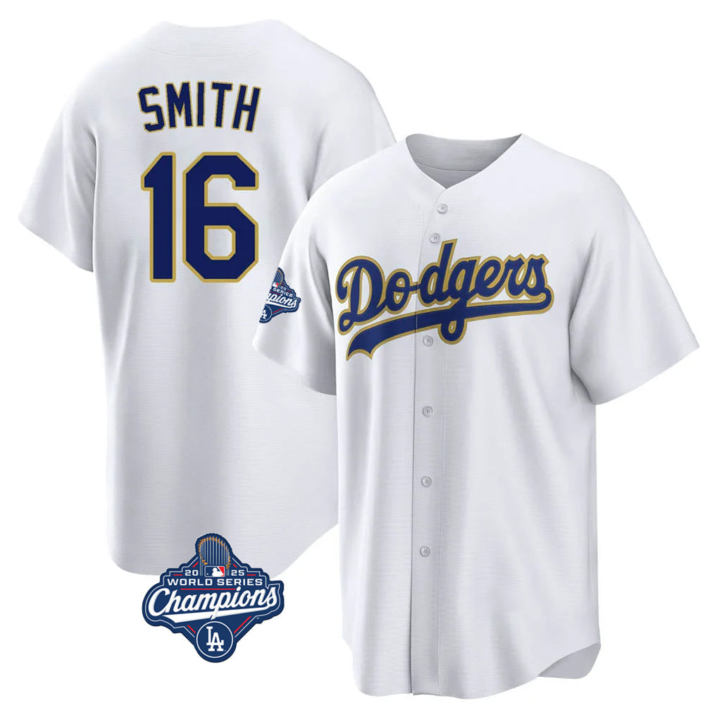 Silnrao LA.Dodgers #16 Will Smith Player Gold White World Series Meet 2026 Collection Stadium Game Stitched Jerseys