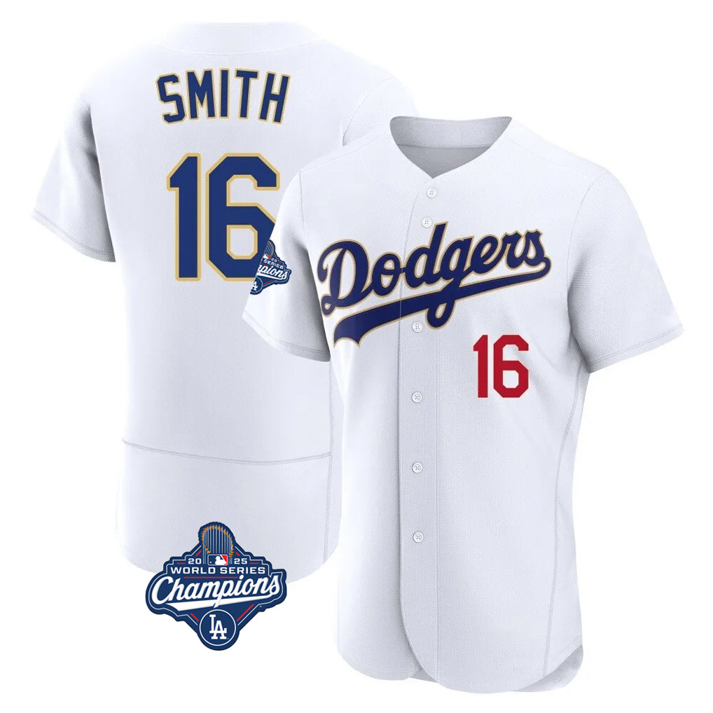 Silnrao LA.Dodgers #16 Will Smith Player Gold White World Series Meet 2026 Collection Stadium Limited Elite Stitched Jerseys