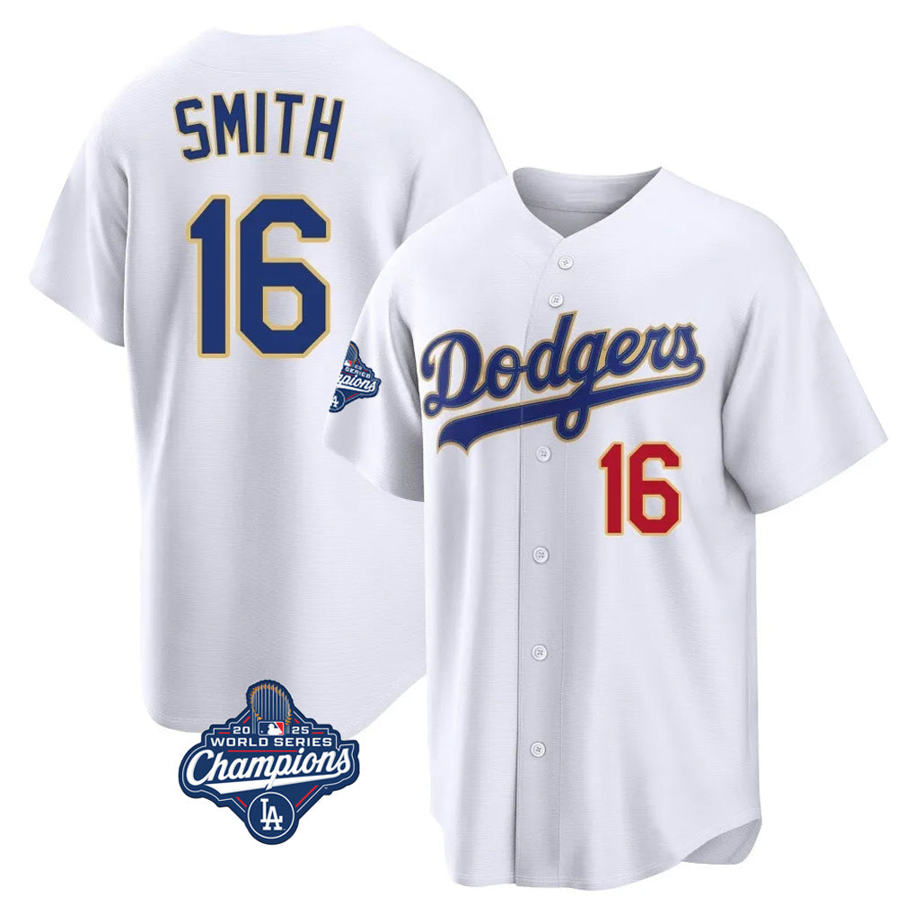 Silnrao LA.Dodgers #16 Will Smith Player Gold White World Series Meet 2026 Collection Stadium Limited Stitched Jerseys