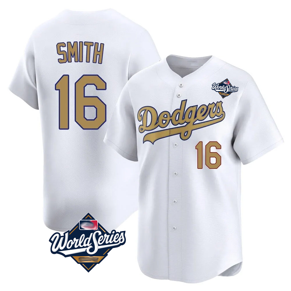 Silnrao LA.Dodgers #16 Will Smith Player Gold World Series Collection Limited Home Stitched Jerseys