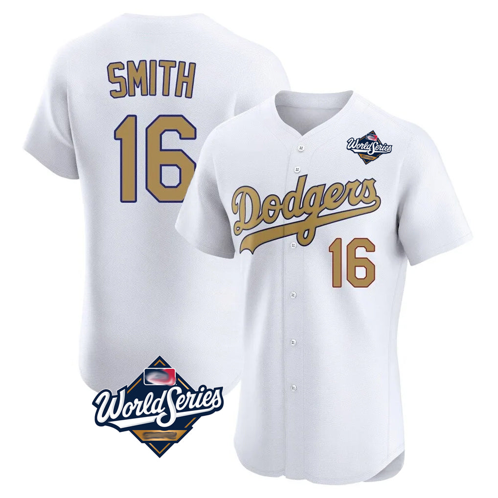Silnrao LA.Dodgers #16 Will Smith Player Gold World Series Limited Elite Home Stitched Jerseys