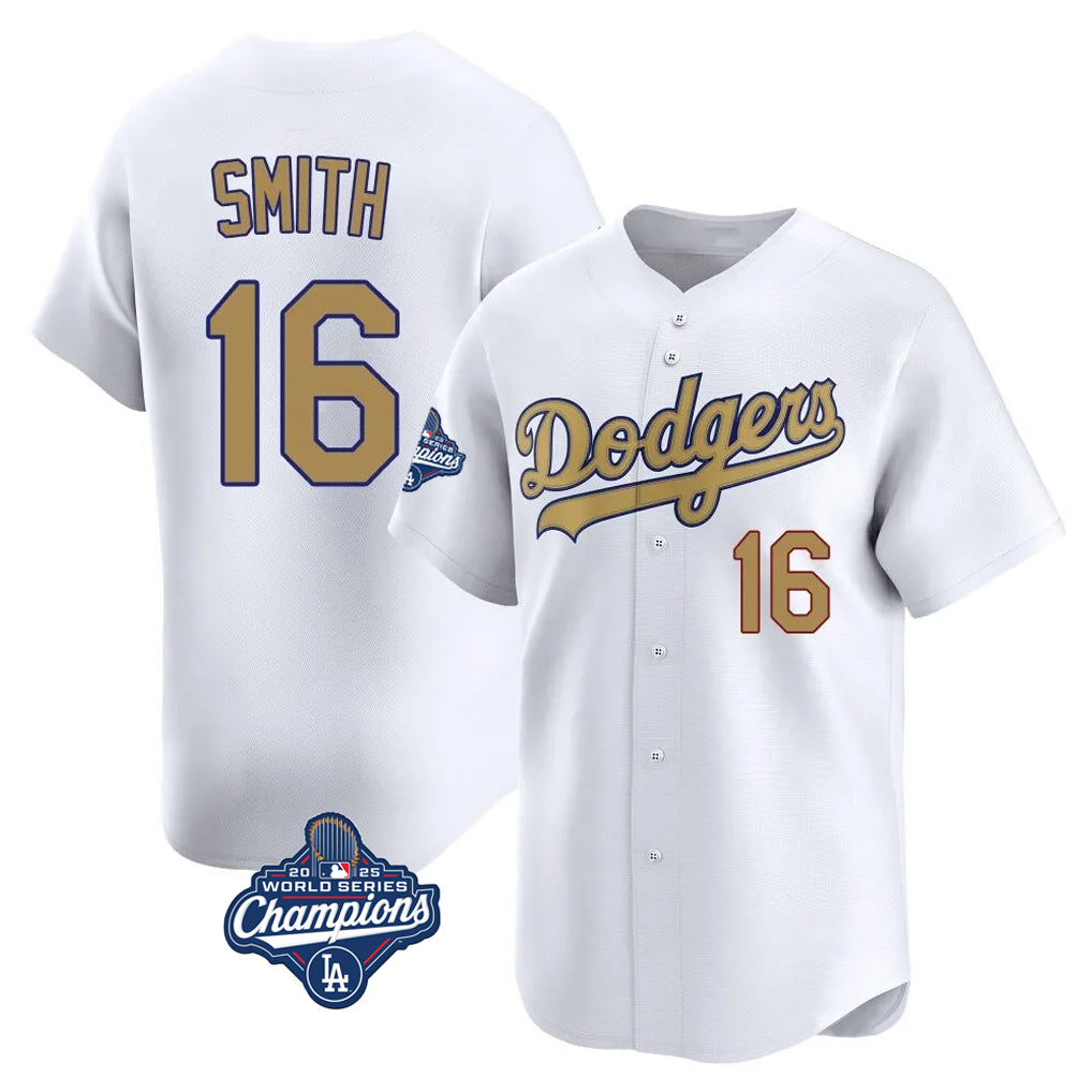 Silnrao LA.Dodgers #16 Will Smith Player Gold World Series Meet Collection Limited Home Stitched Jerseys