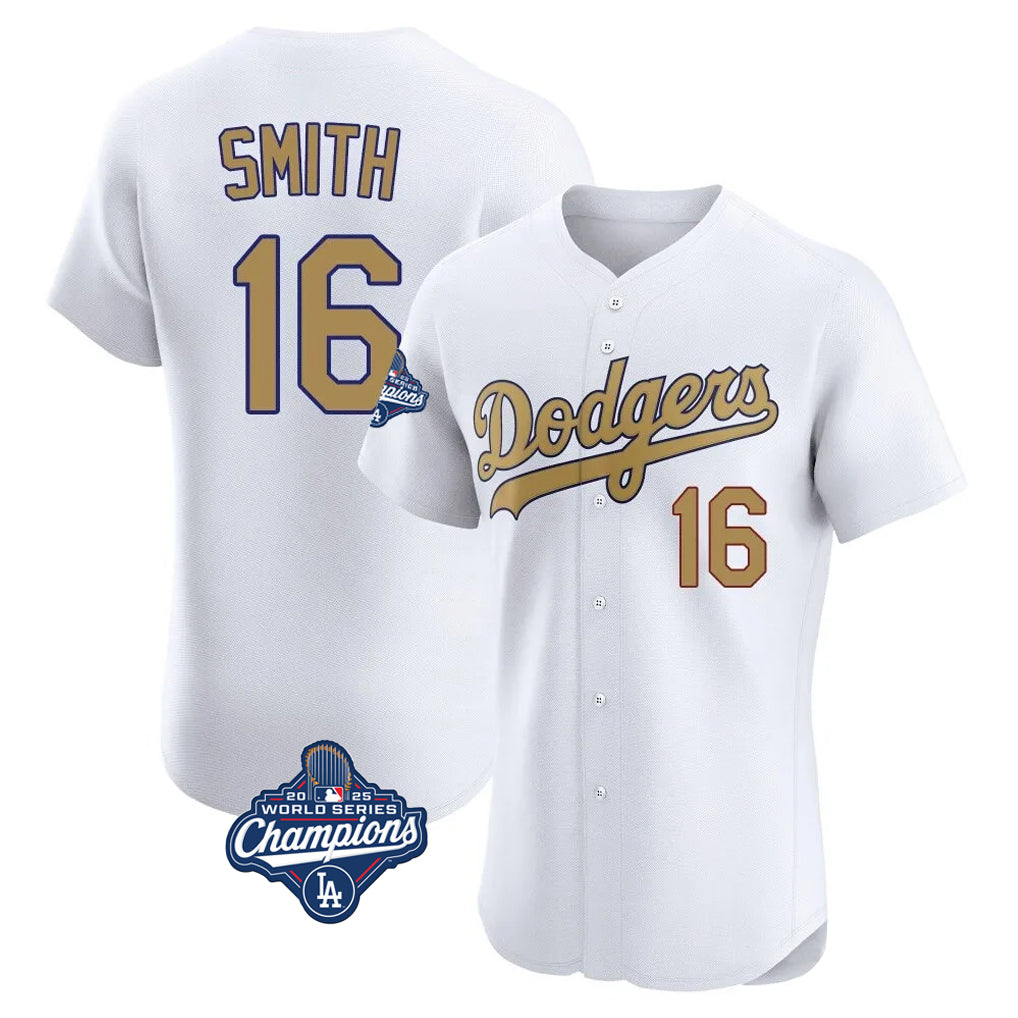 Silnrao LA.Dodgers #16 Will Smith Player Gold World Series Meet Limited Elite Home Stitched Jerseys