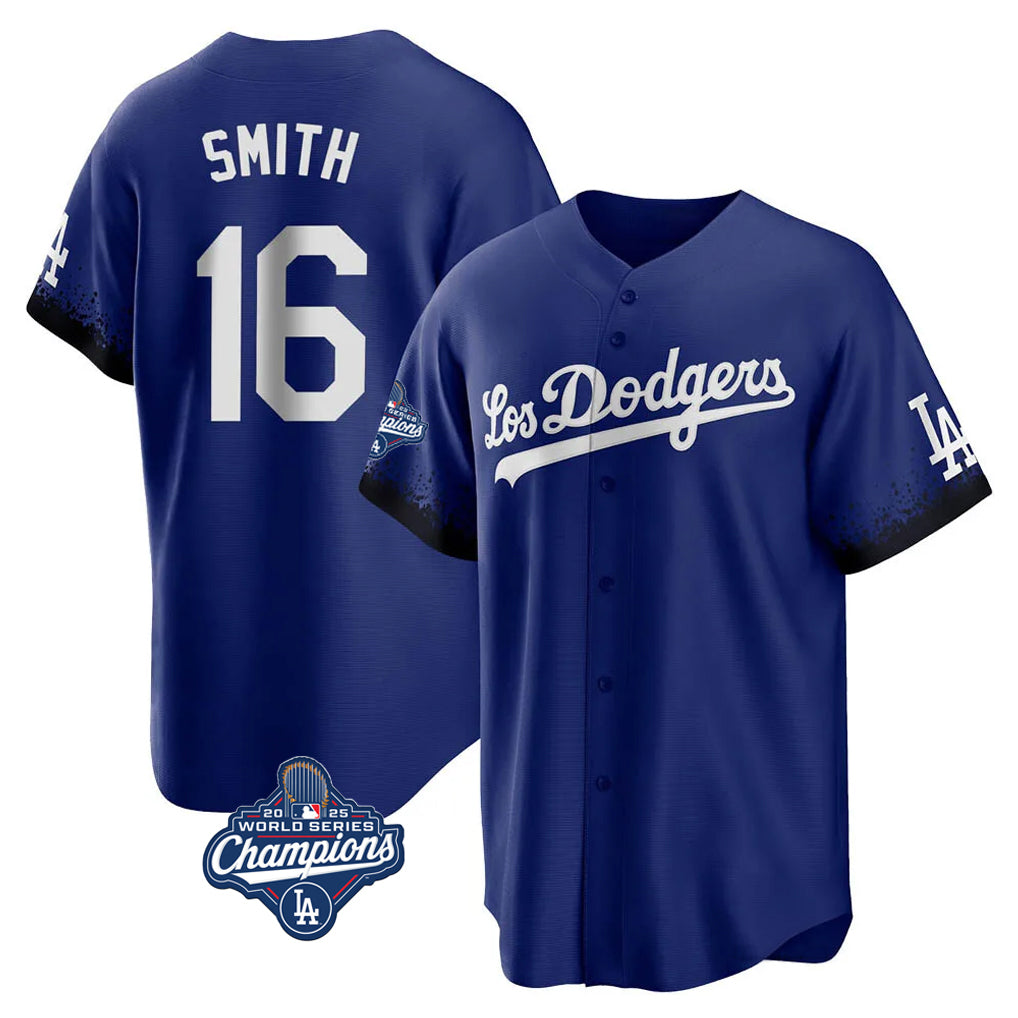Silnrao LA.Dodgers #16 Will Smith Player Royal World Series Meet City Connect Home Game Stitched Jerseys