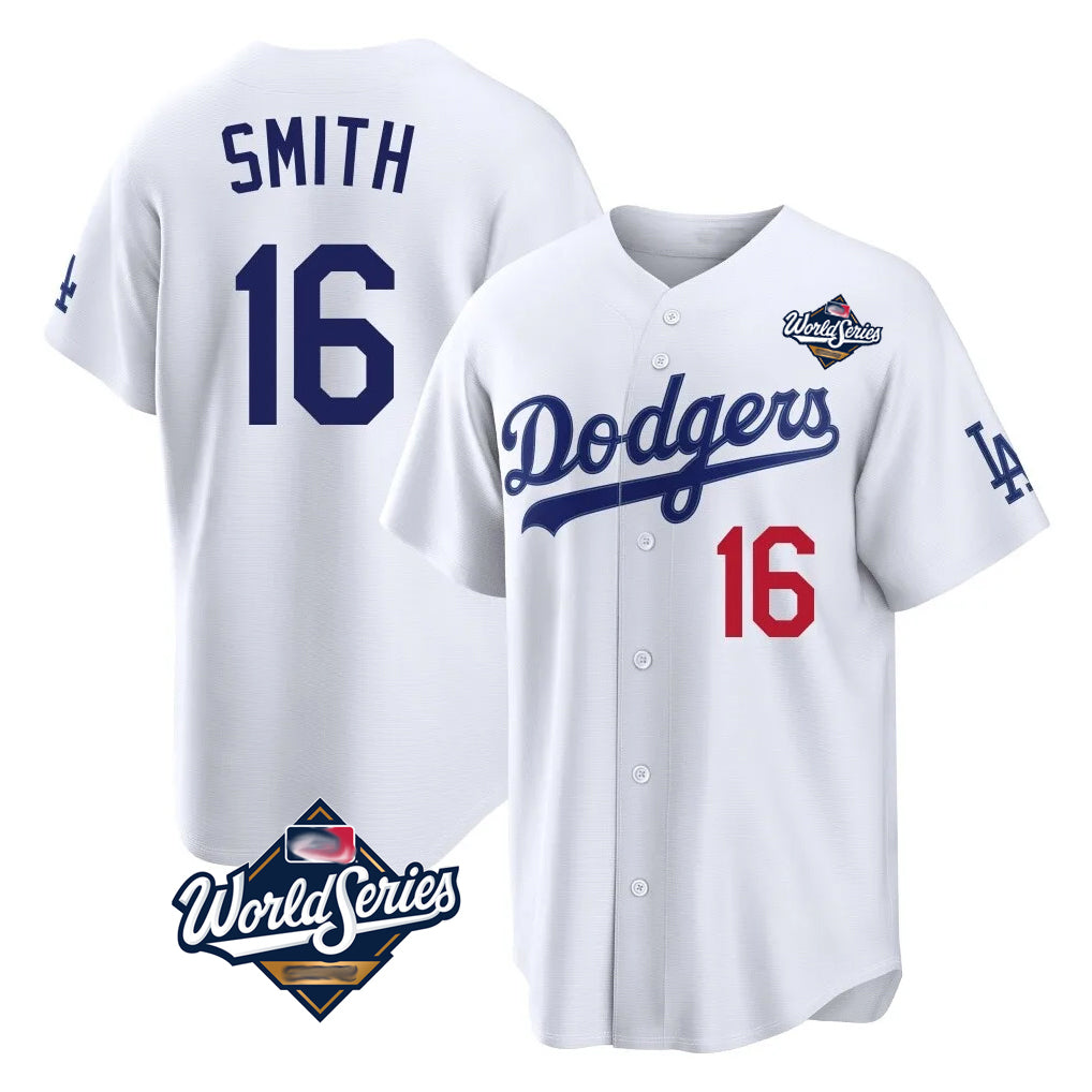 Silnrao LA.Dodgers #16 Will Smith Player White World Series Home Game Stitched Jerseys