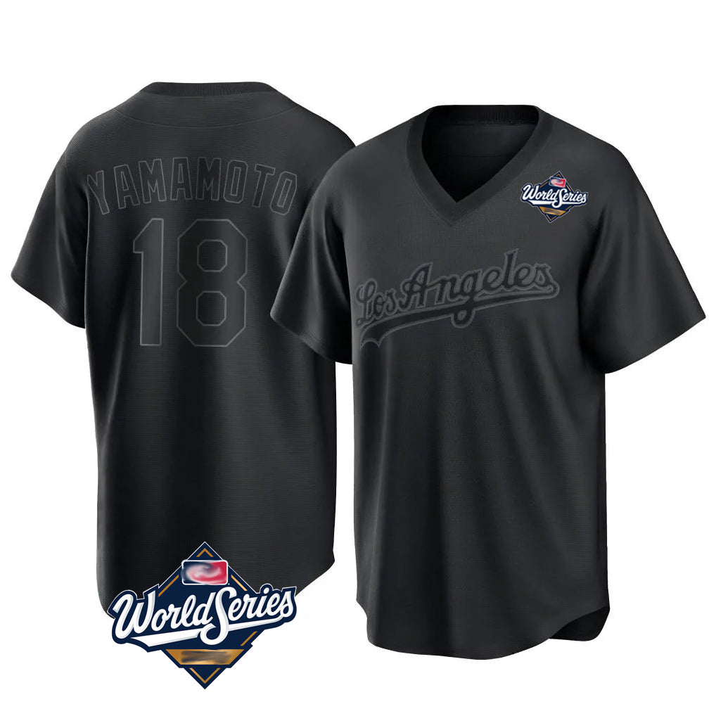 Silnrao LA.Dodgers #18 Yoshinobu Yamamoto Player Black World Series Pitch Fashion T-shirt Stitched Jerseys