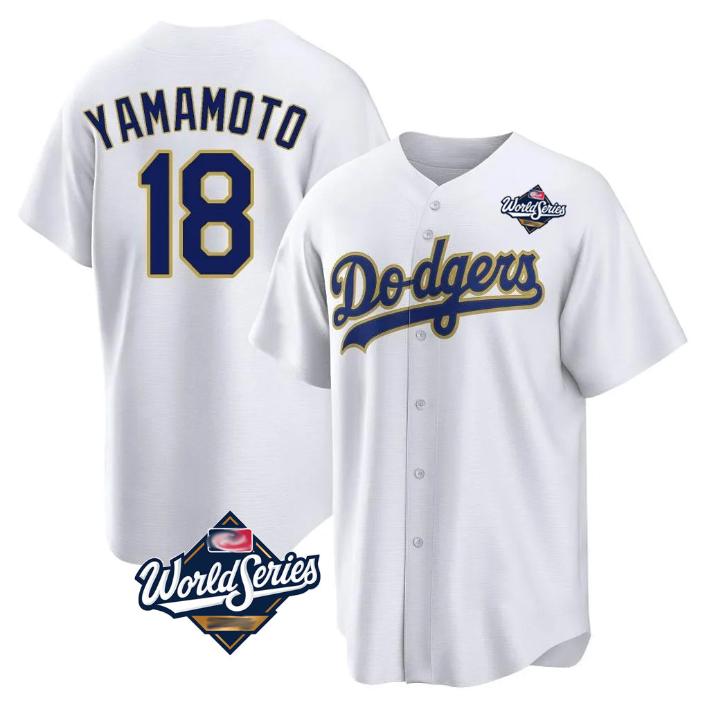 Silnrao LA.Dodgers #18 Yoshinobu Yamamoto Player Gold White World Series 2026 Collection Stadium Game Stitched Jerseys