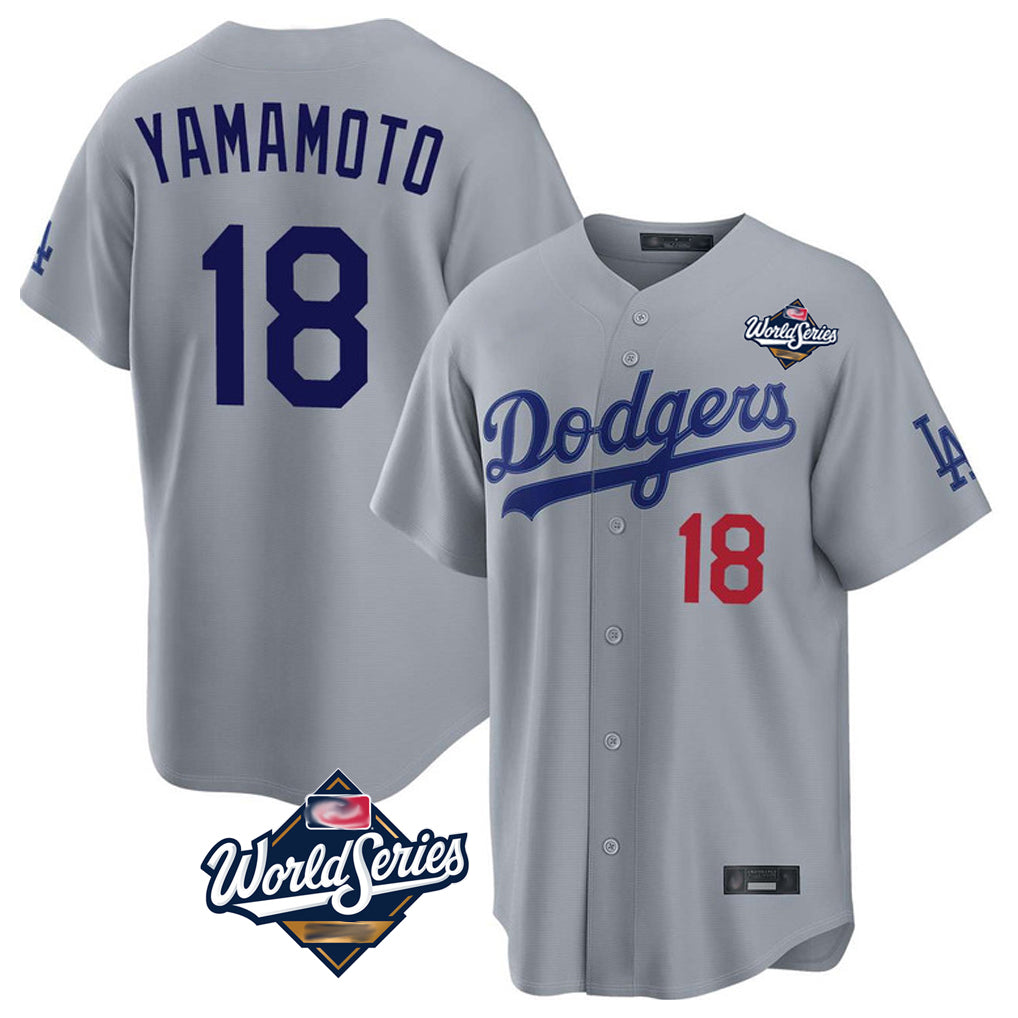 Silnrao LA.Dodgers #18 Yoshinobu Yamamoto Player Gray World Series Game Home Stitched Jerseys