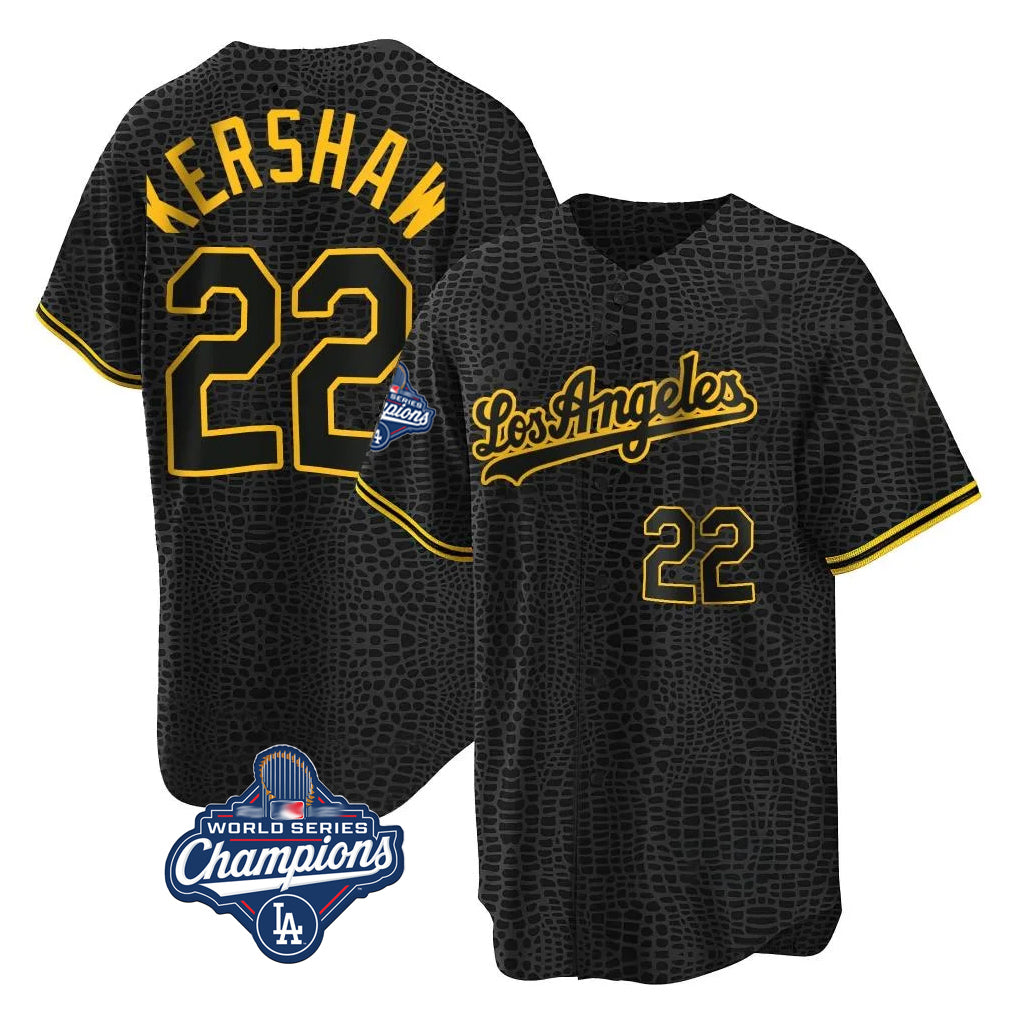 Silnrao LA.Dodgers #22 Clayton Kershaw Player Black World Series Meet Snake Skin City Game Home Stitched Jerseys