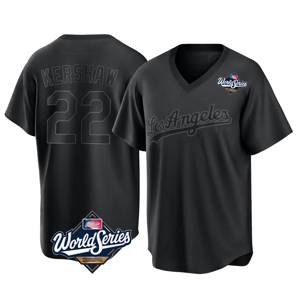 Silnrao LA.Dodgers #22 Clayton Kershaw Player Black World Series Pitch Fashion T-shirt Stitched Jerseys
