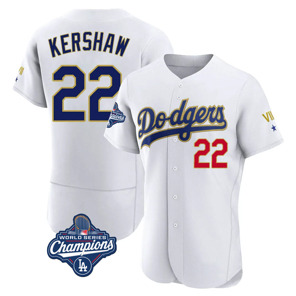 Silnrao LA.Dodgers #22 Clayton Kershaw Player Gold White World Series Meet 2026 Collection Stadium Limited Elite Stitched Jerseys