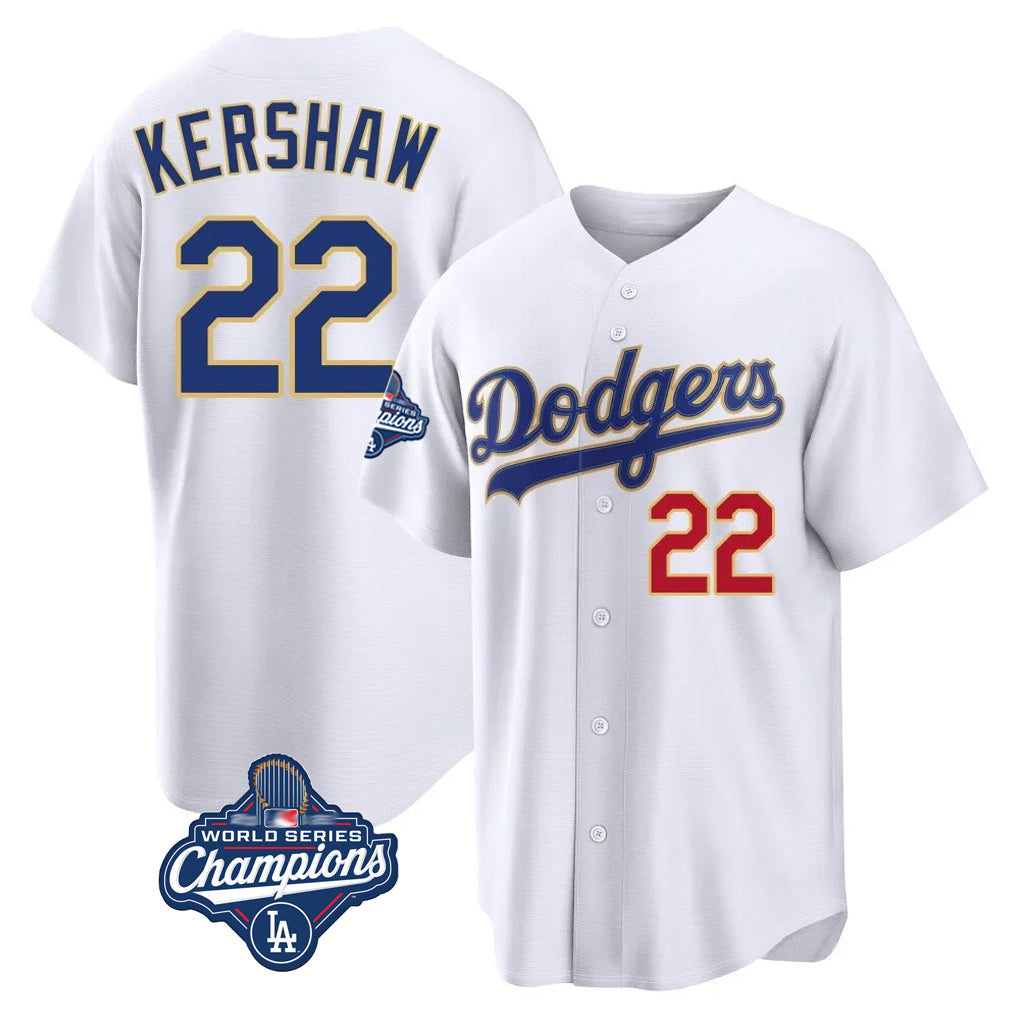 Silnrao LA.Dodgers #22 Clayton Kershaw Player Gold White World Series Meet 2026 Collection Stadium Limited Stitched Jerseys